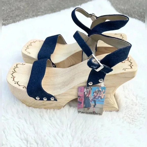 90s Y2K Paris Blue Denim Chunky Clogs DEADSTOCK New With Tag SUPER RARE - Picture 1 of 5